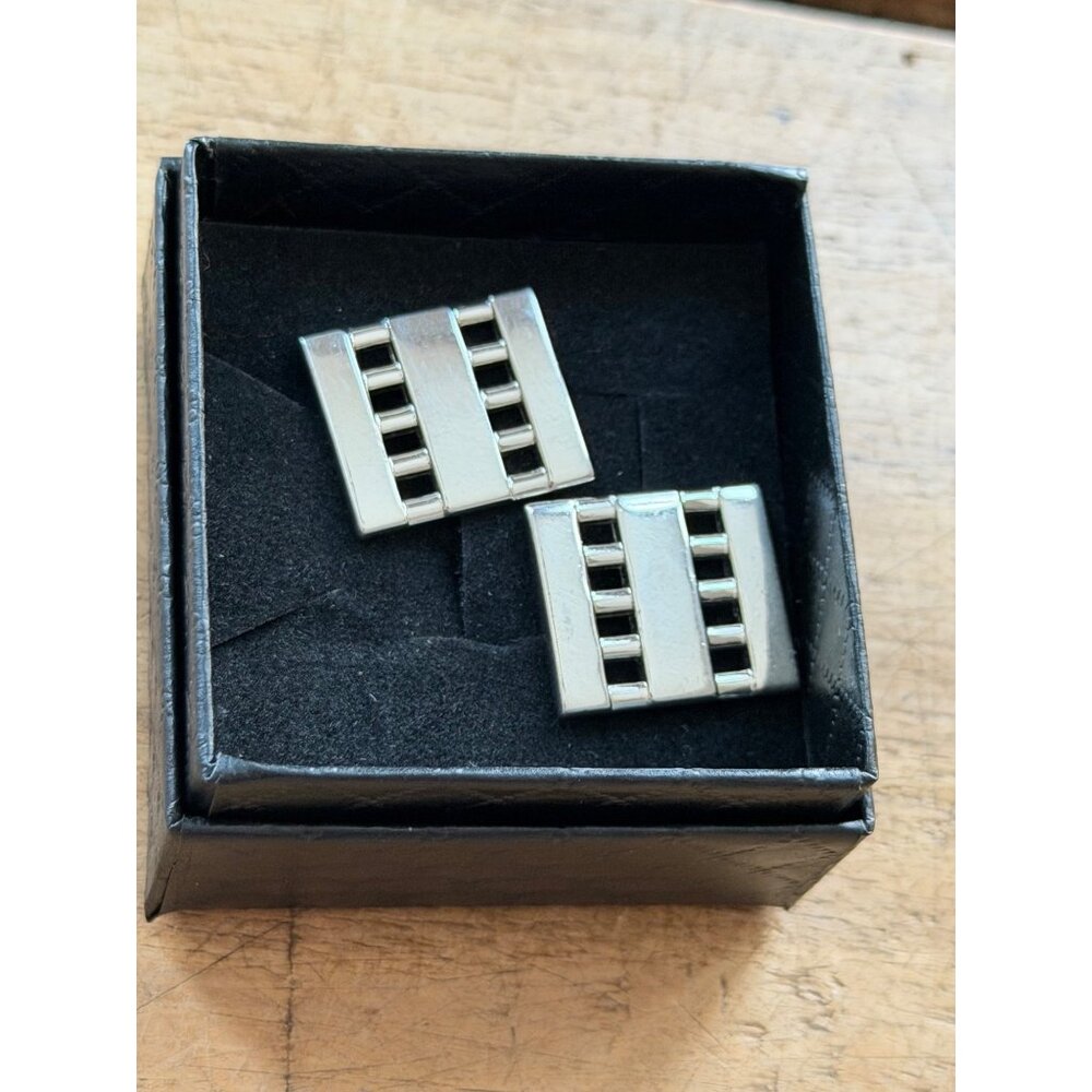 Silver-Toned Rectangular Cufflinks With Textured … - image 3